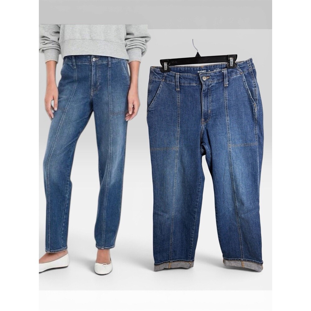 Old Navy OG Loose Tapered High Rise Denim Jeans Size 10 Blue Dark Stretch Pocket